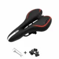 Comfortable bicycle saddle with thick gel padding, shock absorption and easy installation tools. - Red with Tool