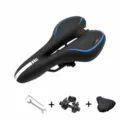 Ergonomic bicycle saddle with gel padding, black/blue design, includes tools and waterproof cover. - Blue with Tool and Rain Cover