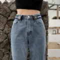 Invisible stretch belt for jeans, adjustable no-buckle elastic waist belt, blue striped. - Blue & White