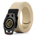 Men's casual nylon canvas belt with automatic metal buckle and decorative dragon motif. - Lobster Clasp / Khaki