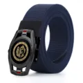 Men's Casual Nylon Canvas Belt, Dark Blue Woven Strap with Black Automatic Dragon Buckle - Lobster Clasp / Navy Blue
