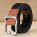 Unisex casual canvas ζώνη με ανθεκτική μεταλλική αγκράφα και κομψή δερμάτινη λεπτομέρεια. - Μαύρες Φαρδιές Ρίγες / 100cm
