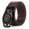 Men's casual brown nylon canvas belt with stylish black automatic dragon dial buckle - Lobster Clasp / Coffee