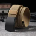 Khaki elastic canvas belt for men with a black metal buckle, casual stretch waistband. - Khaki