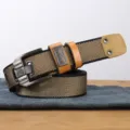 Men's canvas belt tactical workwear pin buckle fashion casual adjustable long belt yellow - Khaki