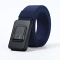 Men's outdoor tactical elastic nylon belt with black metal automatic buckle for casual workwear. - Navy Blue