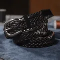 Black Braided Leather Belt Vintage Metal Buckle Unisex Punch Free Casual Pants Belt - 105cm / Black
