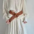 Boho hand-woven belt with wooden buckle, stylish woven waist accessory for women's dresses. - Camel