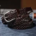 Handmade woven brown leather belt for men and women, vintage metal buckle stylish accessory. - 105cm / Coffee