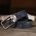 Vintage leather belt for men and women, casual pin buckle jeans belt with retro blue finish. - 115cm / Gray