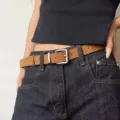 Women brown vintage belt with silver buckle slim waist accessory for stylish casual wear main view - 105cm / Camel