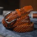 Handmade woven leather belt for men and women, vintage metal buckle, casual brown pants belt. - 105cm / Camel