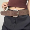 Retro brown suede belt for women, Y2K style wide waist belt with silver buckle, casual chic. - Coffee With Silver Buckle / 110cm