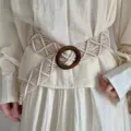 Boho handmade woven waist belt with wooden buckle for women dress summer accessory - White