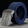 Men casual canvas belt with metal buckle solid color adjustable length fashion strap - Navy Blue / 100cm