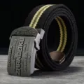 Cinturón de lona para hombre con hebilla metálica, estilo rayas negras y verde oliva SKU - Rayas Negras