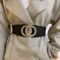 Women's wide elastic belt with double gold woven ring buckle, stylish waist cincher for coat. - Black