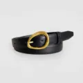 Women black leather belt with gold irregular buckle, stylish fashion waist belt for jeans. - Black