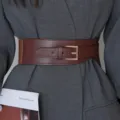 Wide elastic waist belt for women vintage brown PU leather decorative belt for coat suit dress - Coffee
