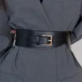 Women's wide black leather waist belt for coat and blazer, vintage minimalist style. - Black