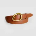 Brown women's belt featuring a stylish gold oval pin buckle and sleek leather strap design. - Camel