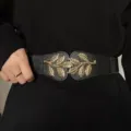 Women's Black Elastic Waist Belt With Gold Leaf Buckle For Dress Slim Decorative Accessories - Black
