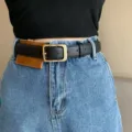 Classic black women leather belt with gold square buckle and mini pouch for stylish jeans wear - Black