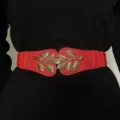 Red elastic waist belt with gold leaf metal buckle for women dress fashion waist cincher - Red