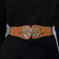 Women elastic waist belt golden leaf buckle stretch dress waist belt fashion accessory - Camel