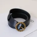 Black vintage women belt variant, versatile casual jeans belt with antique metal round buckle. - Black