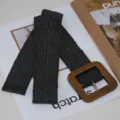Black woven wide waist belt with wooden square buckle, casual fashion accessory for women. - Black