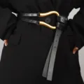 Women black leather belt with gold horseshoe buckle, wide waist cincher for dress coat. - Black