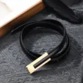 Minimalist women thin black belt with elegant gold geometric buckle for dresses and pants. - Black