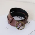 Retro brown women belt with vintage round metal buckle minimalist casual jeans belt style. - Coffee