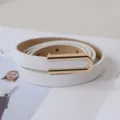 Minimalist white thin leather belt for women with gold u-shaped buckle for dress pants. - White