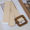 Woven wide waist belt with wooden square buckle casual elastic stretch belt for women - Beige