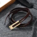Women's thin leather belt with gold metal buckle, stylish brown strap for dress pants. - Coffee