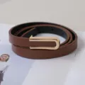 Brown thin leather belt with gold U-shaped buckle, versatile women's stylish waist accessory. - Camel