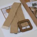 Woven elastic belt for women featuring a stylish square wooden buckle and casual design. - Camel