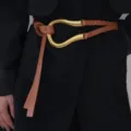 Women's wide leather suit belt with large gold horseshoe buckle, stylish accessory for dresses. - Camel