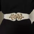 Stylish women elastic waist belt with gold leaf buckle, perfect for summer dresses and outfits. - White