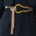 Women wide leather belt with large gold horseshoe buckle stylish dress coat accessory - Beige