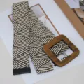 Woven elastic belt featuring a chic square wooden buckle and black and white geometric pattern for women. - Black Stripe