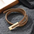 Women thin brown leather belt with stylish gold metal buckle for dress pants and skirts. - Beige