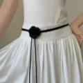 Thin black waist belt with floral camellia decoration, elegant minimalist dress accessory SKU. - Black