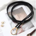 Black thin waist belt with gold U-shaped metal buckle, elegant dress decorative leather belt. - Black