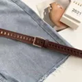 Women vintage brown leather belt with full holes casual jeans trousers belt main view - Coffee