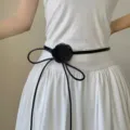 Black Rose Skinny Belt for Women Dress Elegant Floral Soft Leather Waist Rope Accessory - Black Flower