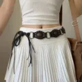 Tribal style retro punk leather waist belt with metal rings and studs for women fashion accessory - Black