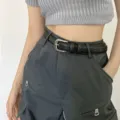 Women minimalist black leather belt with silver metal pin buckle versatile fashion accessory - Black